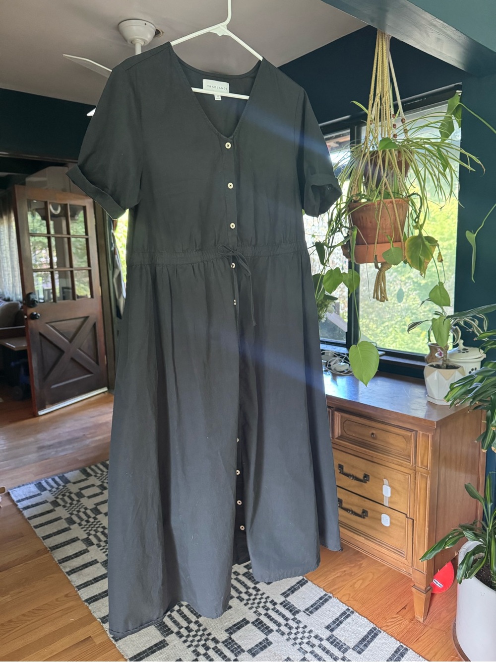 Nell Tradlands “Noir” Black Button-Front Midi Dress with Drawstring